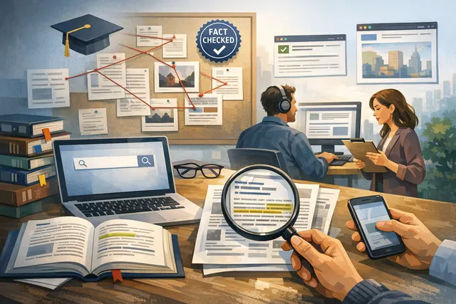 Conceptual image of a magnifying glass over news headlines and search results, representing the process of verifying sources and fact-checking information online.