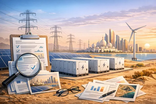 A conceptual rendering of a massive solar farm and battery storage facility in a desert landscape, representing the Abu Dhabi RTC project.