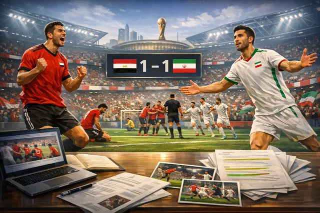 AI-generated editorial image of a dramatic football match moment at a stadium, representing the Egypt vs Iran FIFA World Cup 2026 match.