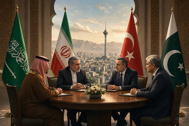 AI-generated editorial illustration accompanying coverage of regional security talks in Tehran