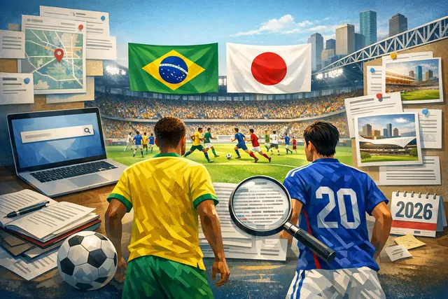 Brazil national football team facing Japan in the 2026 FIFA World Cup Round of 32 at NRG Stadium in Houston