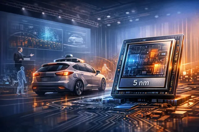 Editorial illustration of Waymo’s 5nm Sensor Fusion Processor processing camera, lidar, and radar data inside a robotaxi