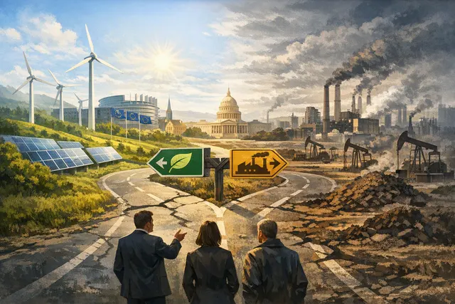 European city and energy infrastructure under a split sky symbolising the tension between climate policy and fossil-fuel dependence