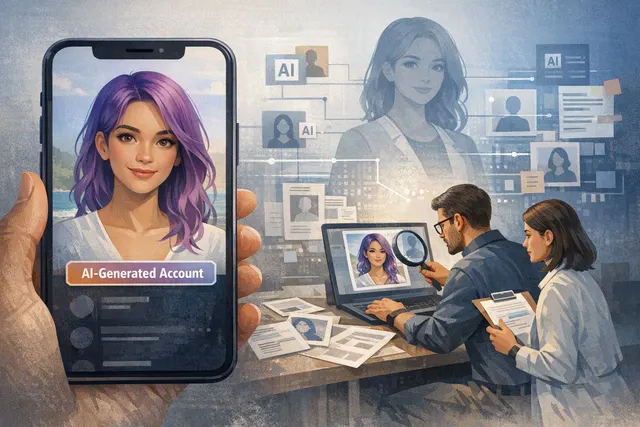 Editorial illustration of an AI-generated Instagram persona beside an AI-generated profile label