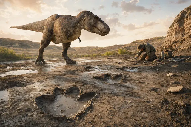 Editorial illustration of a Tyrannosaurus rex walking across a prehistoric landscape