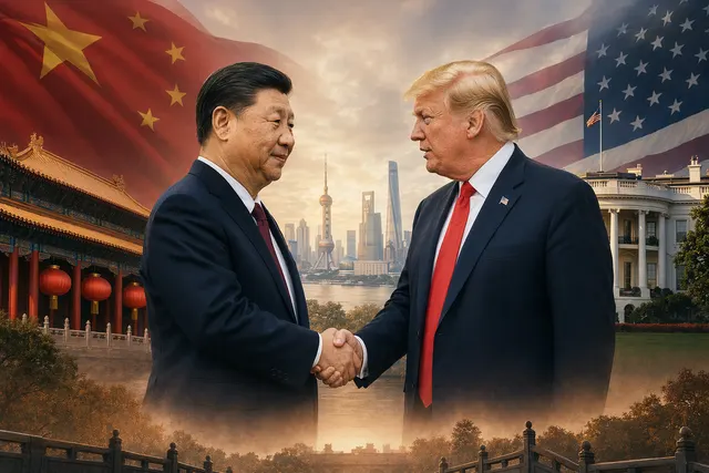 Editorial image representing the Beijing summit between U.S. President Donald Trump and Chinese President Xi Jinping