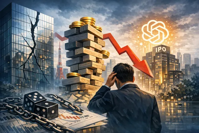 SoftBank's financial risk from a concentrated $60 billion investment in OpenAI, visualized as a high-stakes gamble on a pending IPO.
