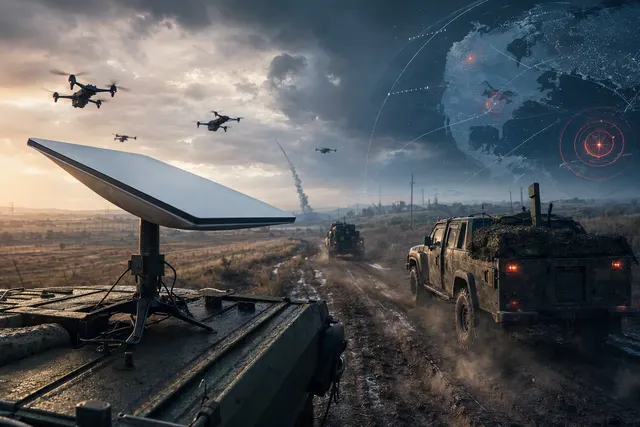 Illustration of a satellite communications link supporting a military drone, representing the reported Starlink and Starshield restrictions in Ukraine