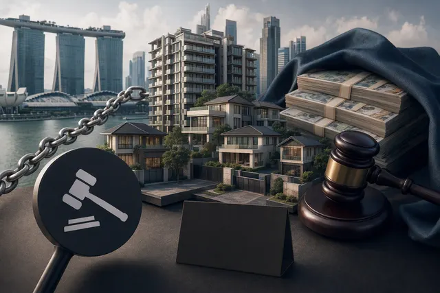 AI-generated editorial illustration accompanying coverage of Singapore’s seized-property auction