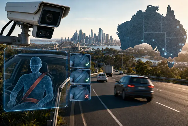 Illustration of a driver wearing a seatbelt as an AI-enabled roadside camera monitors traffic