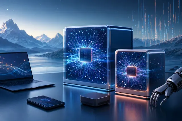 Editorial illustration representing compact edge AI models processing long documents locally