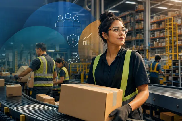 Editorial illustration representing Amazon operations workers and a $20 hourly pay increase
