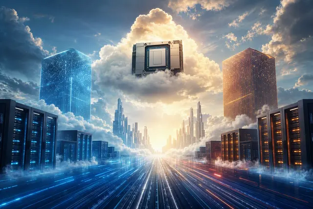 Editorial illustration of Google Cloud’s AI infrastructure and TPU competition with AWS and Microsoft Azure