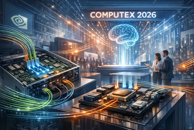 Computex 2026 co-packaged optics and optical interconnect announcement illustration showing rack-level server architecture with fiber-optic connections and AI accelerators.