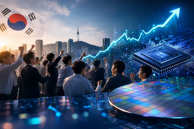 Illustration of South Korea’s stock market surge with semiconductor and AI themes as the KOSPI surpasses 8,000