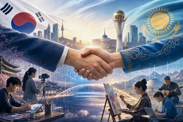 AI-generated illustration accompanying an article about Kazakh creative startups seeking international connections