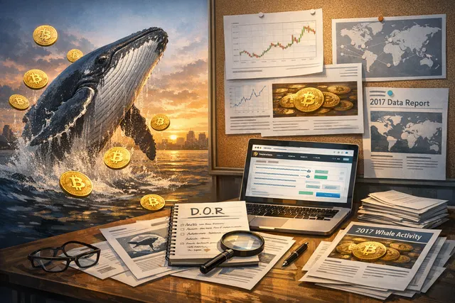 A visual representation of a dormant Bitcoin whale awakening, showing a large Bitcoin coin emerging from a slumbering state over a glowing blockchain network background.