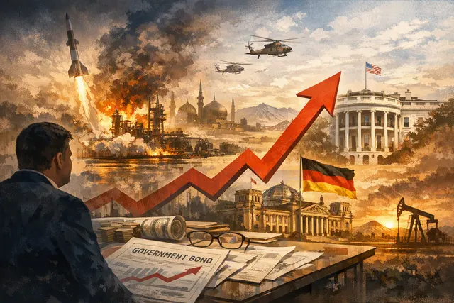 Editorial illustration of bond yields, oil markets and economic uncertainty linked to the Iran conflict