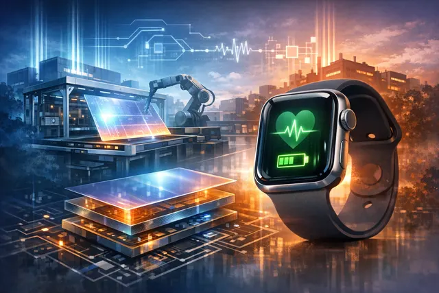 Conceptual close-up of a futuristic smartwatch display with illuminated circuit patterns, representing advanced display technology like LG's High Mobility Oxide (HMO).