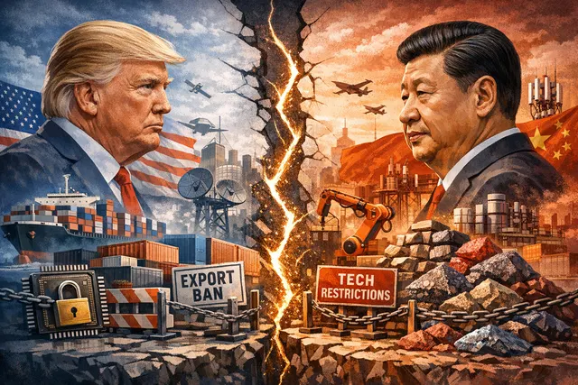 A visual metaphor for the fracturing US-China relationship, showing the American and Chinese flags digitally disintegrating at their point of intersection, symbolizing the fragile