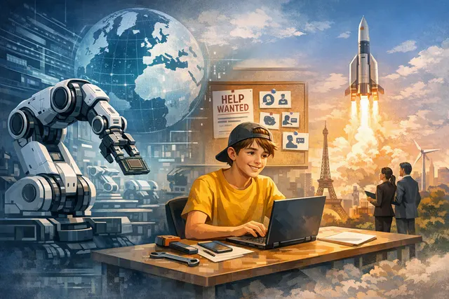 Editorial illustration representing European robotics funding, a safer teen jobs marketplace, and fintech leadership changes