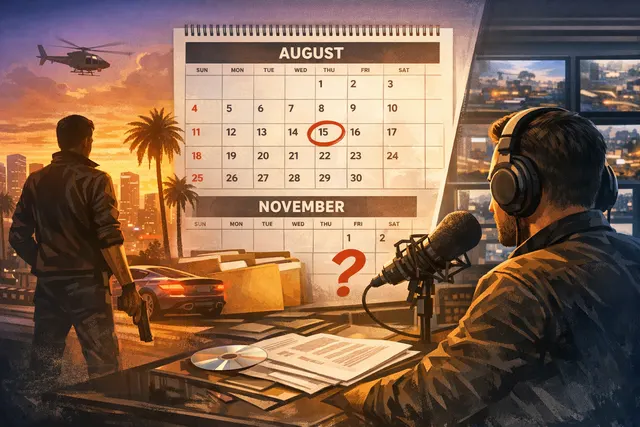 Conceptual image of GTA VI gameplay reveal with calendar dates August 2026 and November 19, 2026