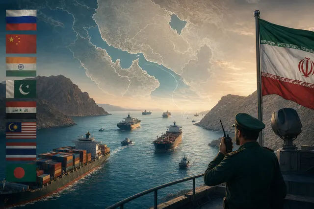 Illustration of the Strait of Hormuz shipping route during geopolitical tensions
