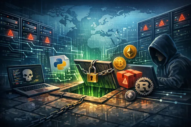 Abstract visual representing the TrapDoor supply chain attack across multiple package registries and developer ecosystems
