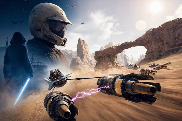 AI-generated editorial illustration accompanying coverage of Star Wars: Galactic Racer