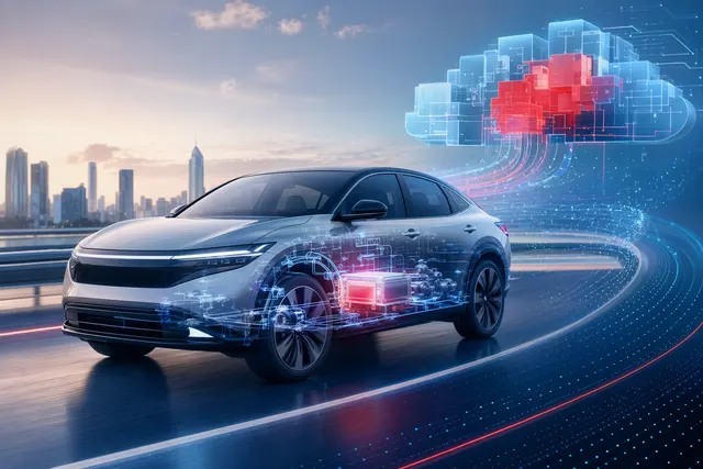 Illustration of a connected electric vehicle with software architecture and Linux-based computing layers