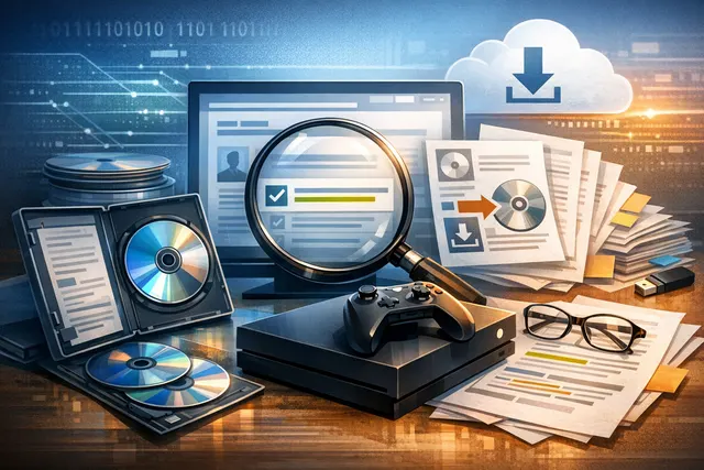 Illustration of an Xbox Series X console with a game disc being converted to a digital download icon, representing Microsoft's disc-to-digital Positron program