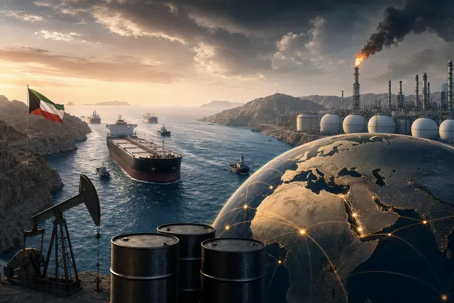 Editorial illustration of energy shipping disruption in the Strait of Hormuz amid the global fuel crisis