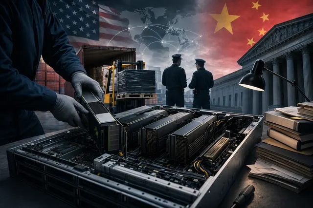 Conceptual illustration of AI servers containing Nvidia GPUs involved in a global export-control investigation
