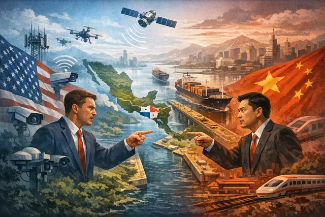 Editorial illustration of US-China diplomatic tensions over Chinese technology and influence in Latin America