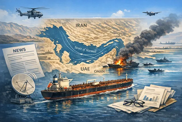 An AI-generated editorial image showing a cargo ship near the Strait of Hormuz with a dramatic sunset and military presence in the background.