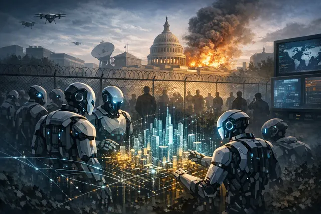 Abstract editorial illustration of AI agents coordinating through a glowing digital network