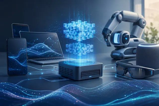 Editorial illustration of local edge AI processing long-context documents on devices