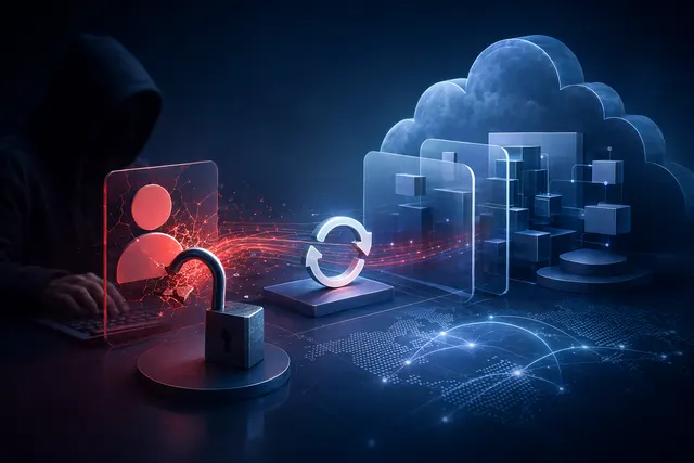 Illustration of a cloud security breach where a compromised identity spreads across Microsoft 365 and Azure services