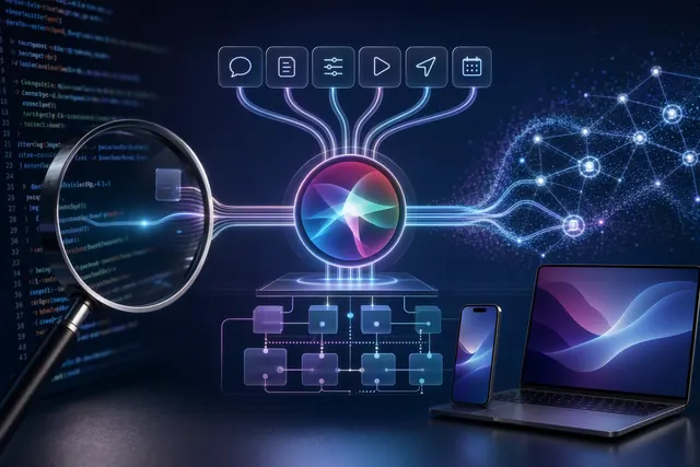 Editorial illustration of Siri’s modular AI architecture connecting to third-party models