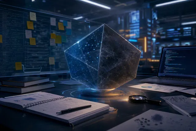 Conceptual illustration of an AI model assisting with software development on a computer