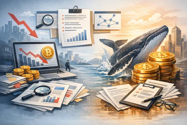 A dramatic chart visualization showing a steep decline in small Bitcoin deposits (dots representing shrimps) on Binance while large whale-sized deposits dominate the flow, symboliz