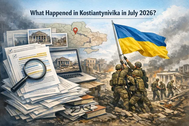 Ukrainian soldier holding a flag in front of a destroyed building in Kostiantynivka, with a yellow-blue sky