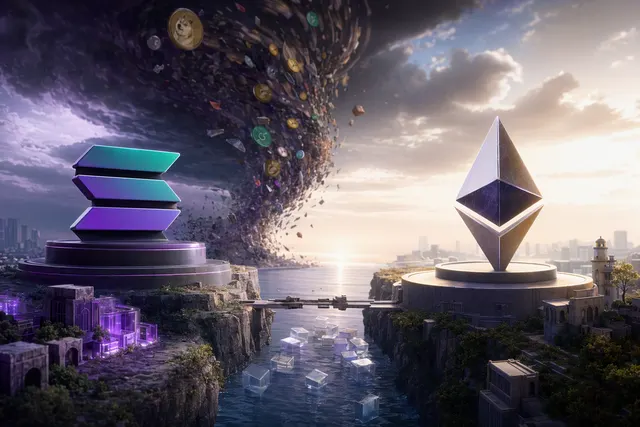 Conceptual illustration of Solana and Ethereum competing in decentralized exchange trading volume
