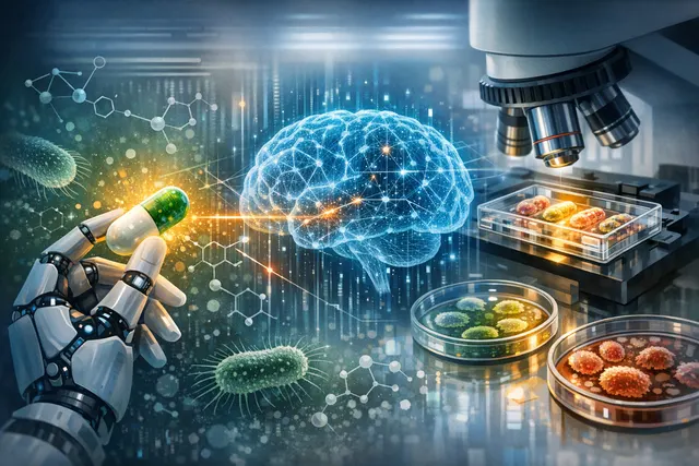 Abstract visualization of generative AI designing novel antibiotic molecules attacking drug-resistant Neisseria gonorrhoeae bacteria, with organ-on-chip microfluidic devices visibl