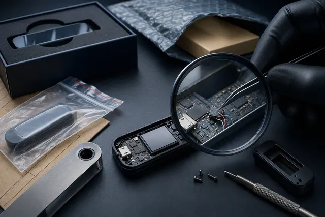 Illustration of a hardware wallet and a hidden circuit board, representing the reported CryptoBilis implant investigation.
