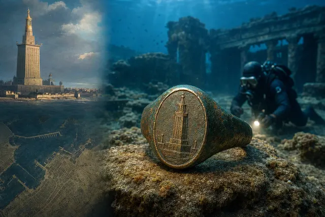 Illustration of a bronze signet ring engraved with the Lighthouse of Alexandria near submerged ruins