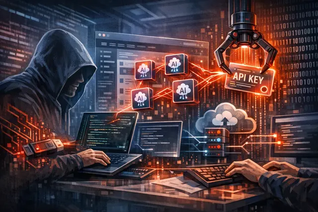 Illustration of a compromised code editor interface showing a malicious plugin exfiltrating API keys in a dark thematic visual.