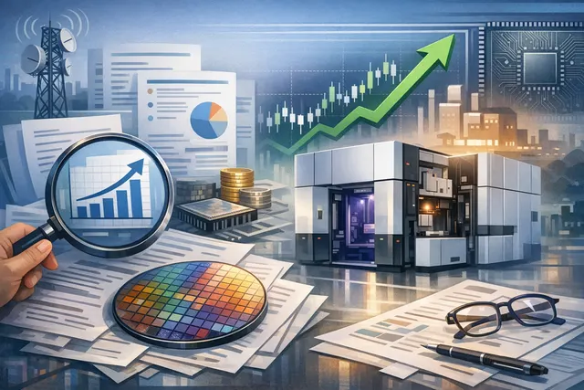 ASML stock chart and semiconductor chip with AI neural network background representing analyst upgrades and AI-driven demand ahead of Q2 2026 earnings