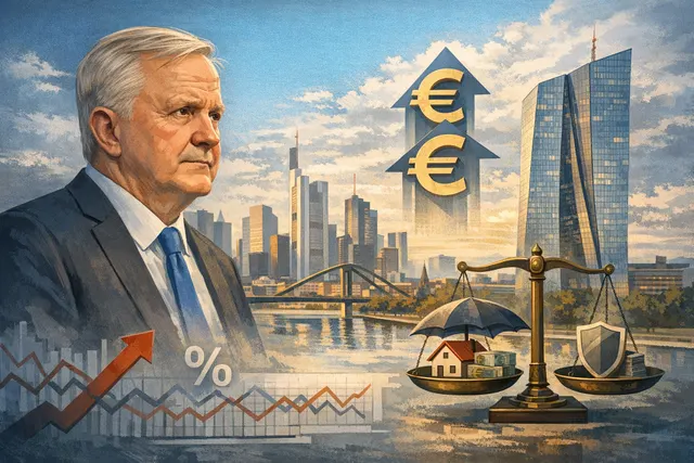 An illustration of the ECB headquarters with a graph showing rising inflation and a map of the Strait of Hormuz, symbolizing the energy shock driving rate policy.
