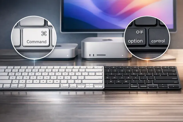 Apple Magic Keyboard showing arrow and symbol glyphs replacing text labels on modifier and navigation keys